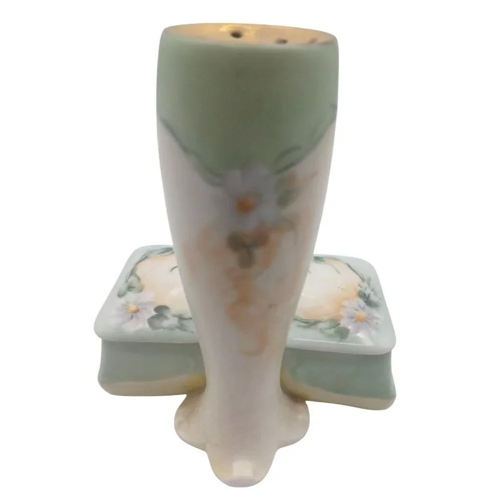 Rare Bavarian Porcelain Hat Pin Holder With Attached Trinket Dish Green & Yellow